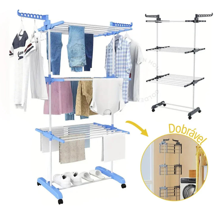 Varal De Chão com Prateleiras e Rodinhas - 3 Andares Dobrável Portátil