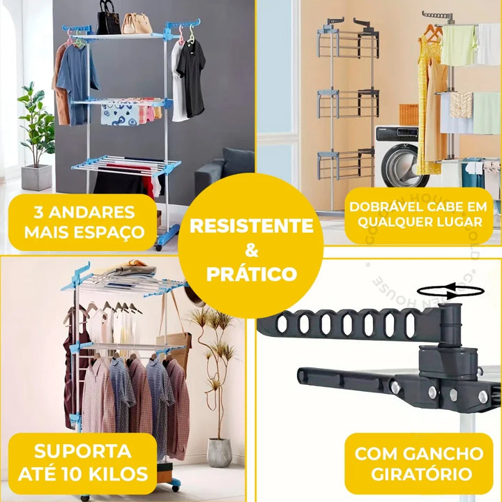 Varal De Chão com Prateleiras e Rodinhas - 3 Andares Dobrável Portátil