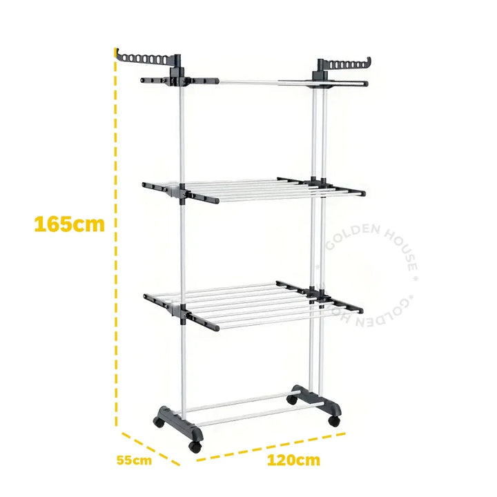 Varal De Chão com Prateleiras e Rodinhas - 3 Andares Dobrável Portátil